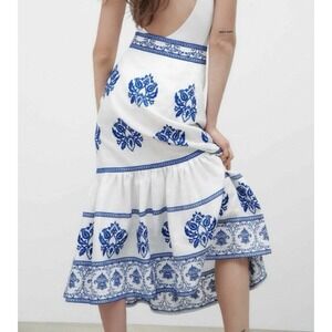 Zara White Floral Embroidered Linen Midi Skirt Womens XS Resort‎ Vacation Beach